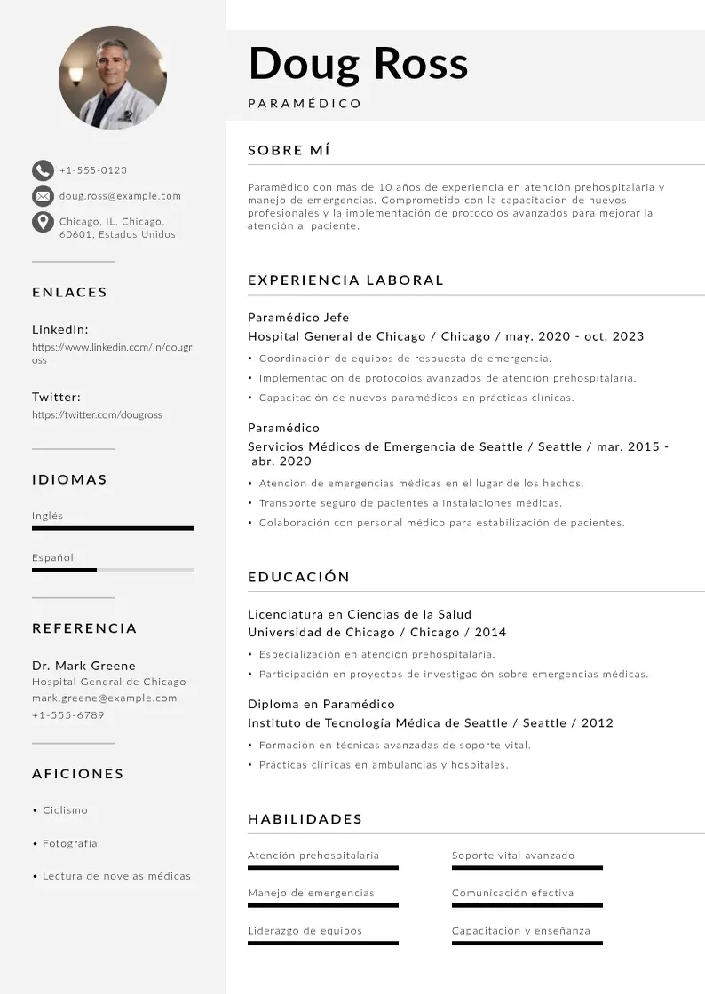 two column modelo-de-curriculum-vitae-de-paramedico resume example