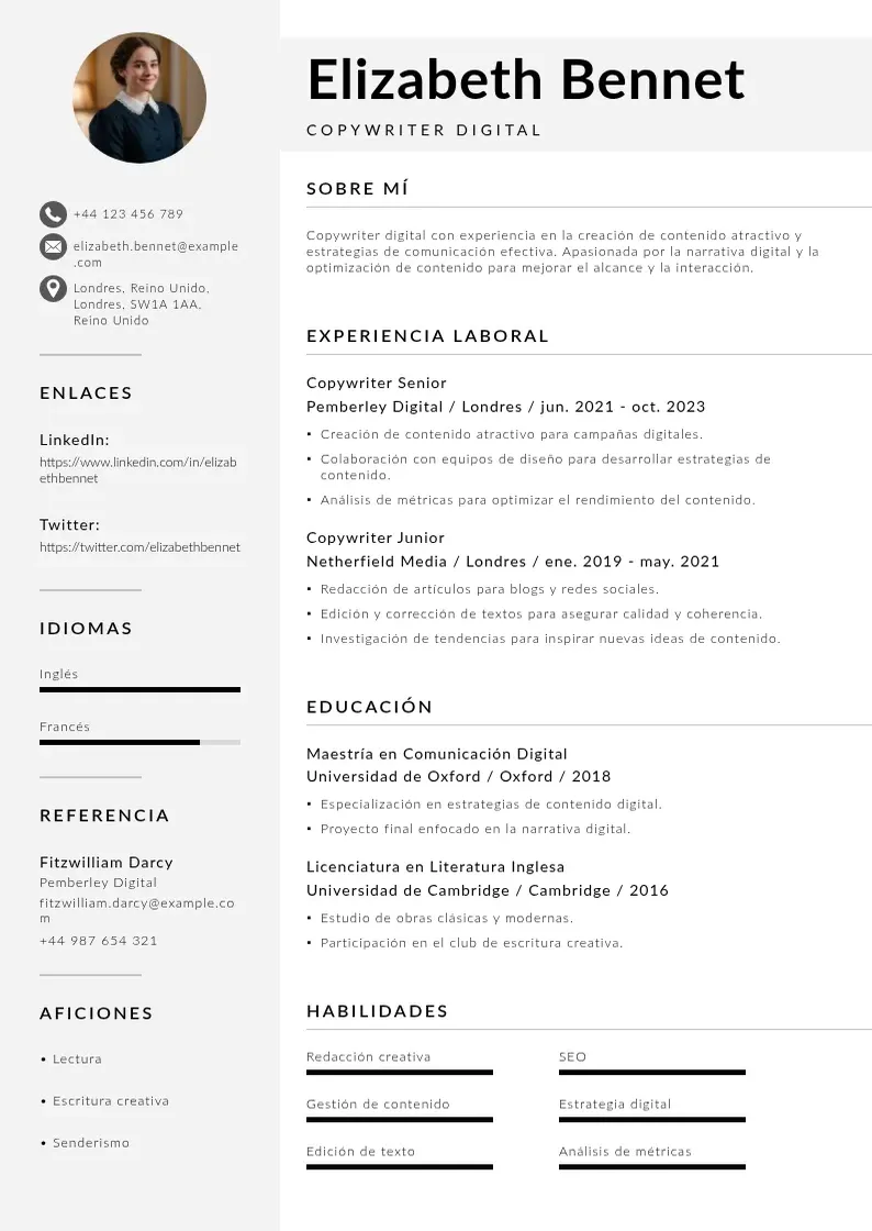 two column copywriter-digital resume example