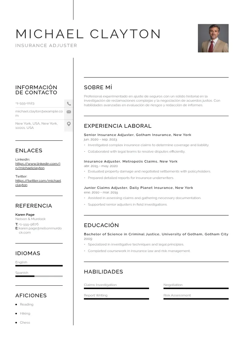 two column cv-ajustador-de-seguros resume example