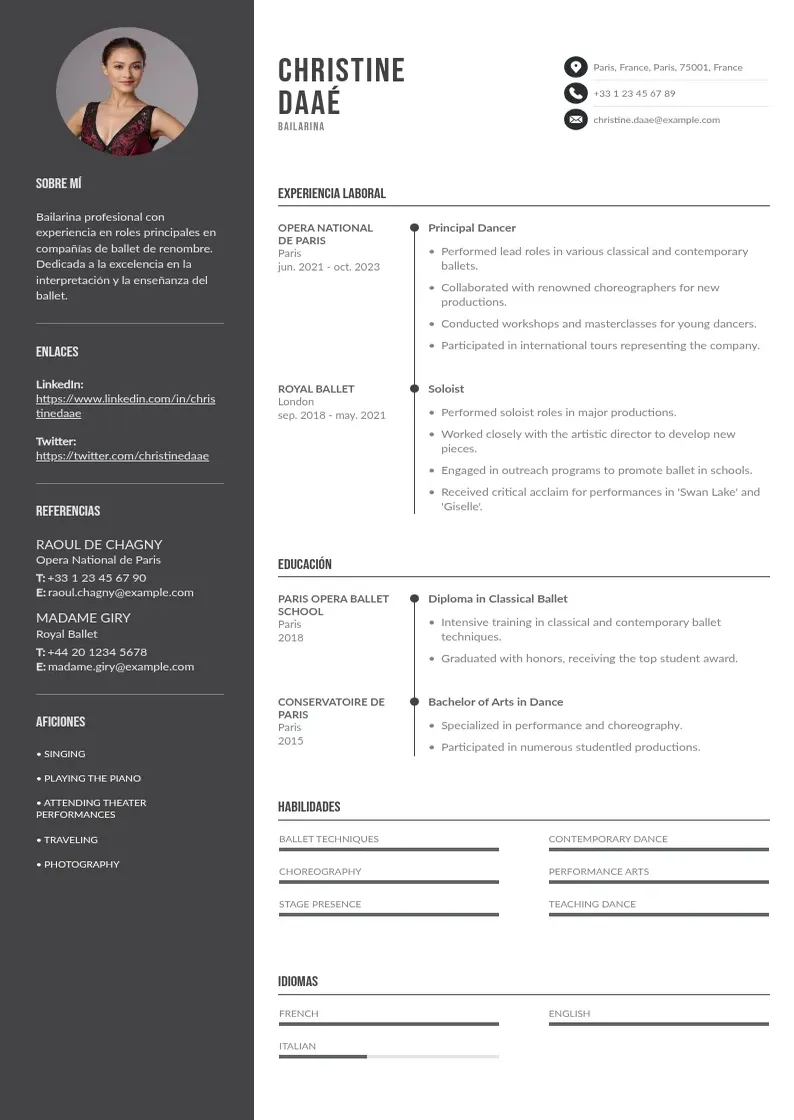 two column cv-bailarin resume example