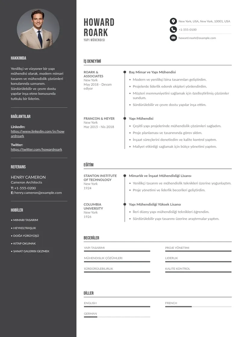Divu kolonnu Yapı mühendisi  CV piemērs