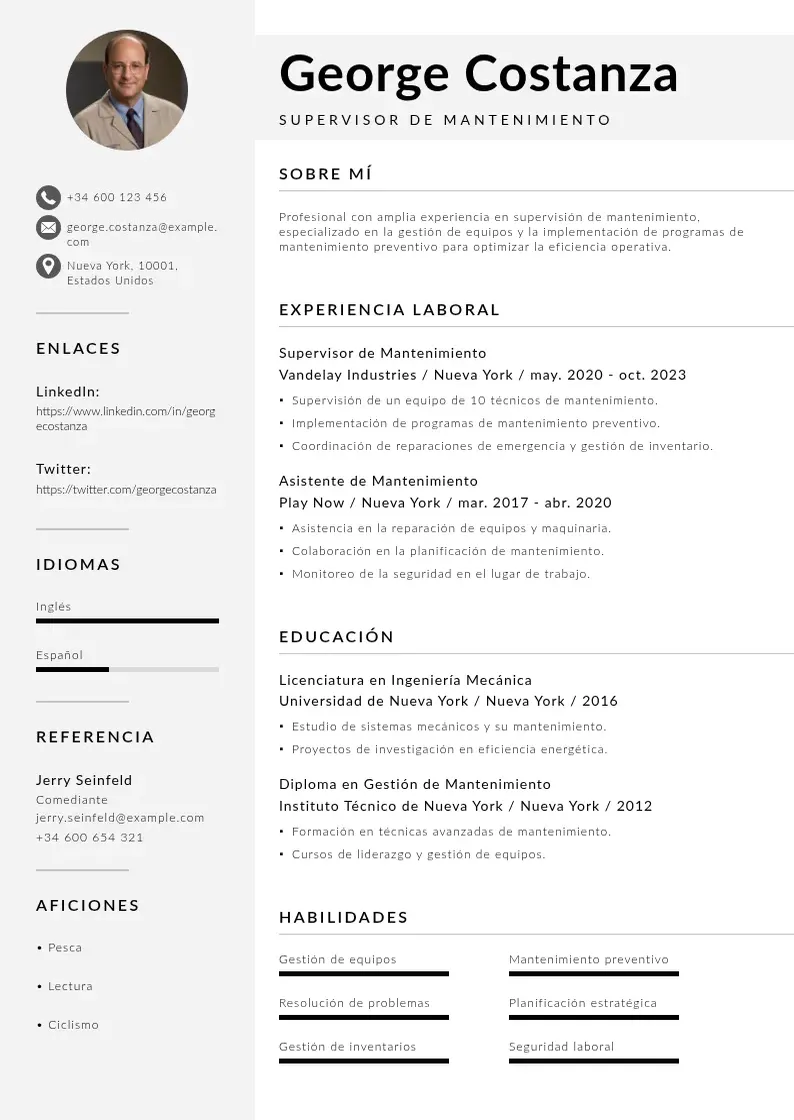 two column cv-supervisor-de-mantenimiento resume example