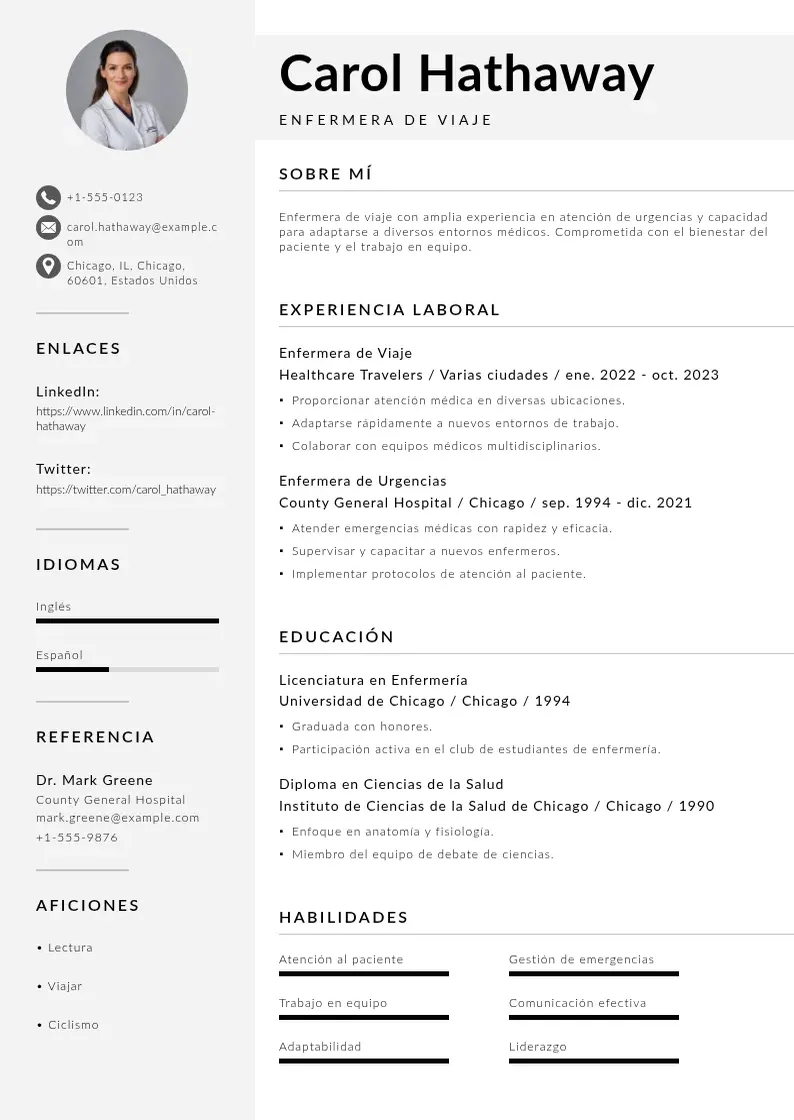 two column cv-enfermera-de-viaje resume example