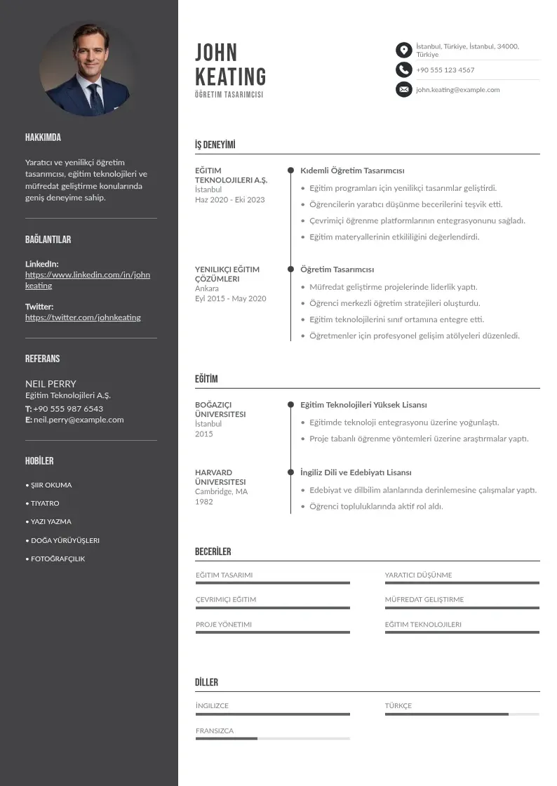 Divu kolonnu Öğretim Tasarımcısı  CV piemērs