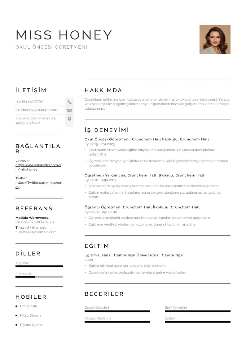 Vienkārša Okul öncesi öğretmeni  CV piemērs