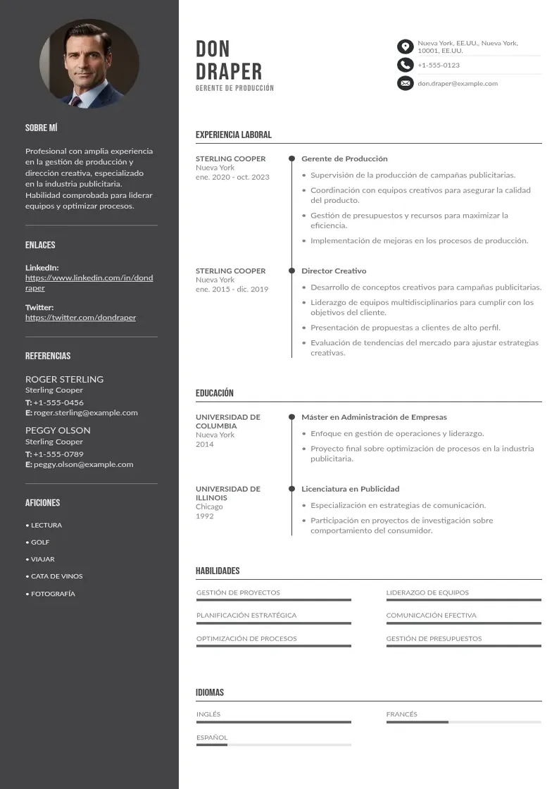 two column gerente-de-produccion resume example