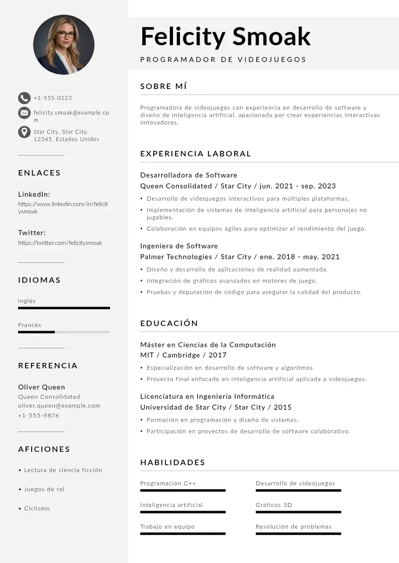 two column programador-de-videojuegos resume example