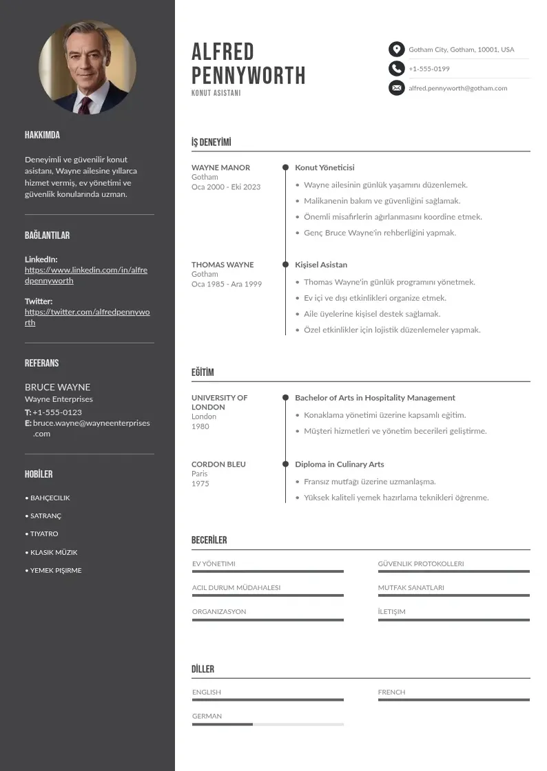 Divu kolonnu Konut Asistanı  CV piemērs