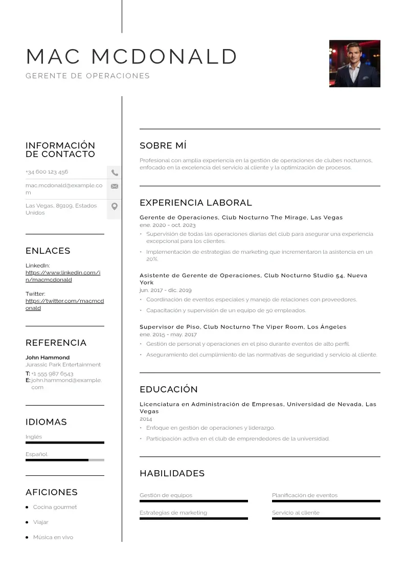 two column gerente-de-operaciones-de-club-nocturno resume example