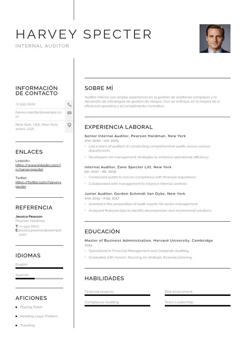 two column cv-de-auditor-interno resume example