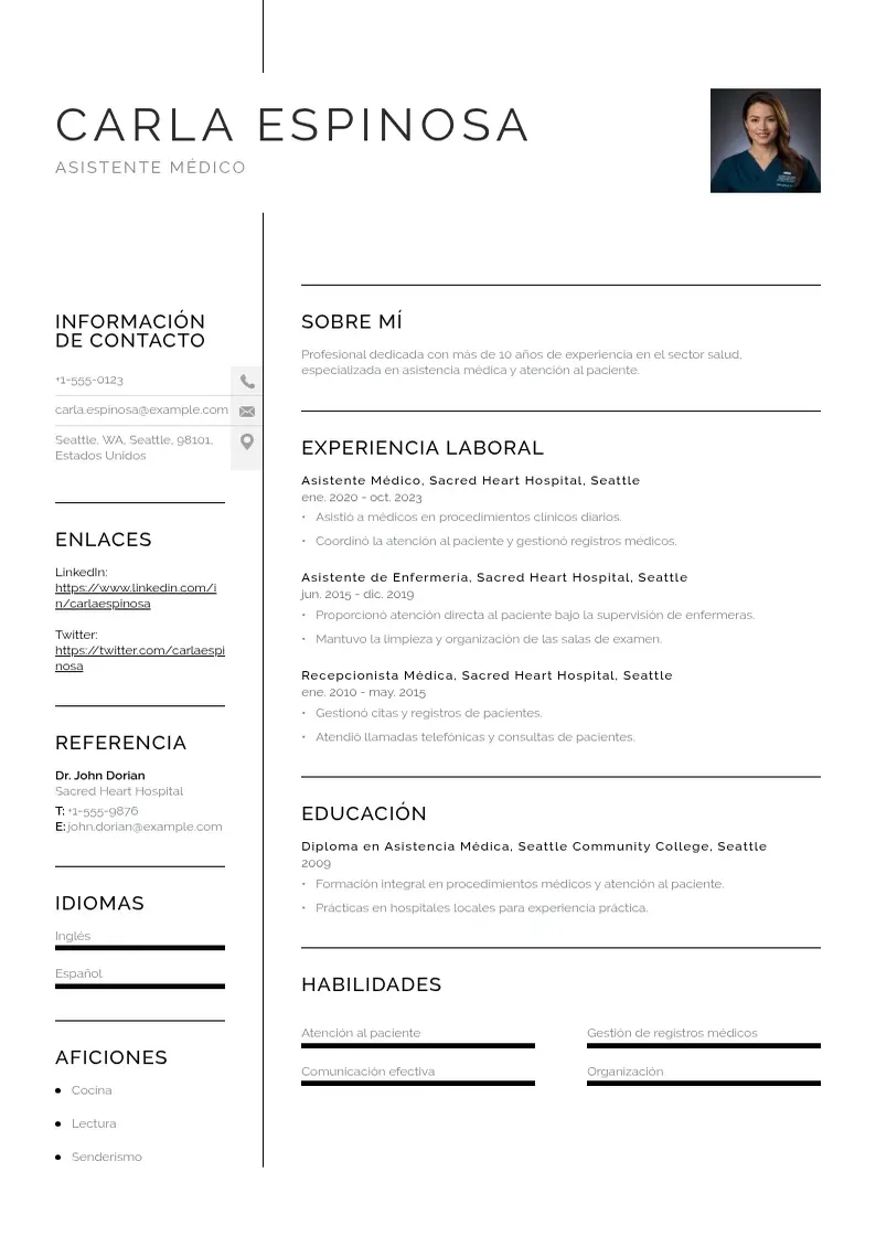 two column curriculum-de-asistente-medico resume example