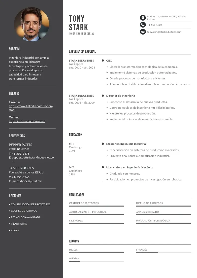 two column cv-ingeniero-industrial resume example