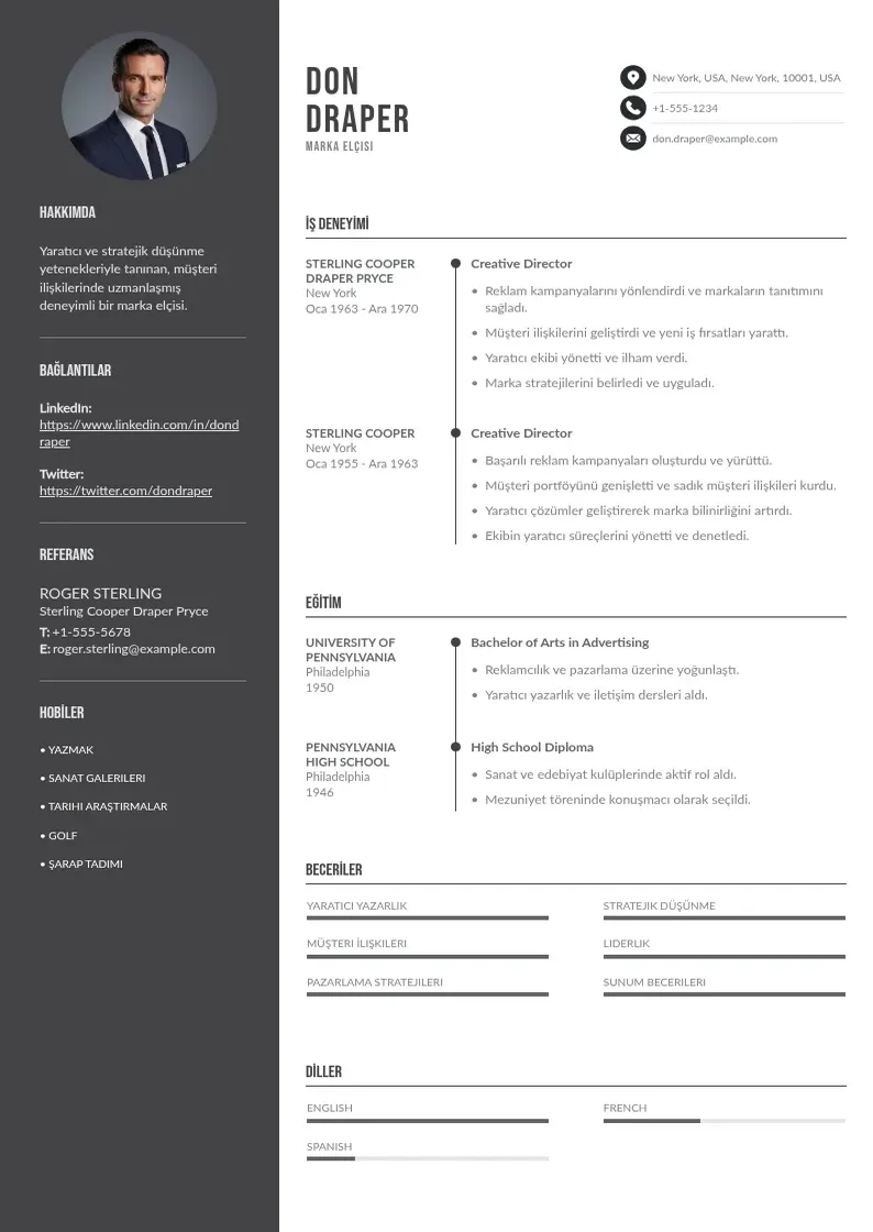 Divu kolonnu Marka elçisi  CV piemērs