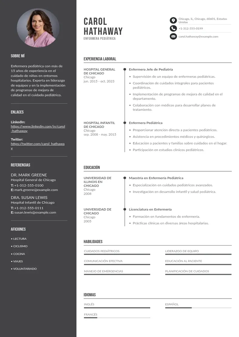 two column cv-enfermera-pediatrica resume example