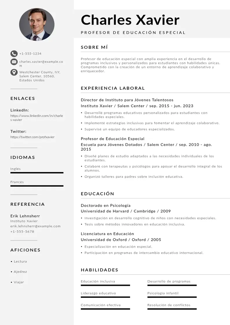 two column cv-profesor-de-educacion-especial resume example