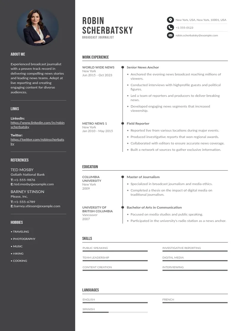 Divu kolonnu Kanada CV piemērs