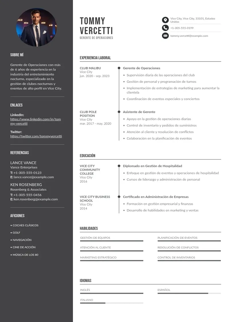 two column gerente-de-operaciones-de-club-nocturno resume example