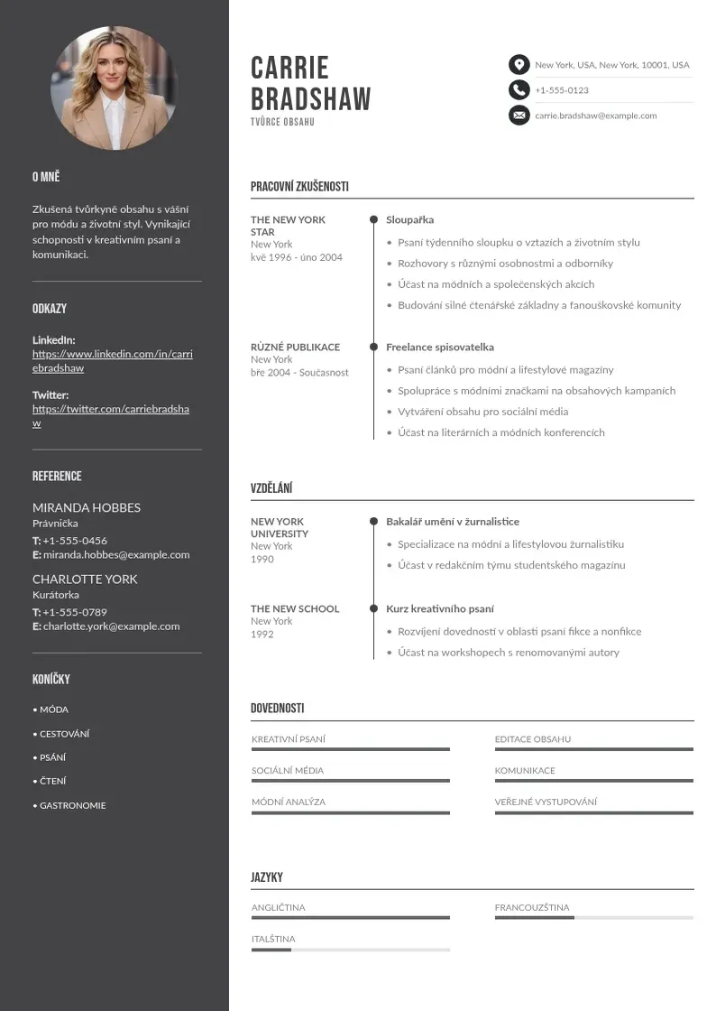 Divu kolonnu Tvurce obsahu zivotopis CV piemērs