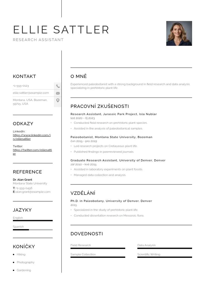 Vienkārša Vyzkumny asistent zivotopis CV piemērs