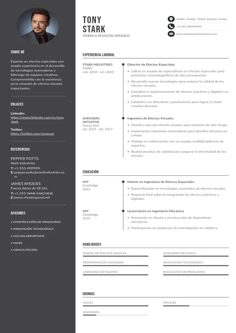 two column tecnicoa-en-efectos-especiales resume example