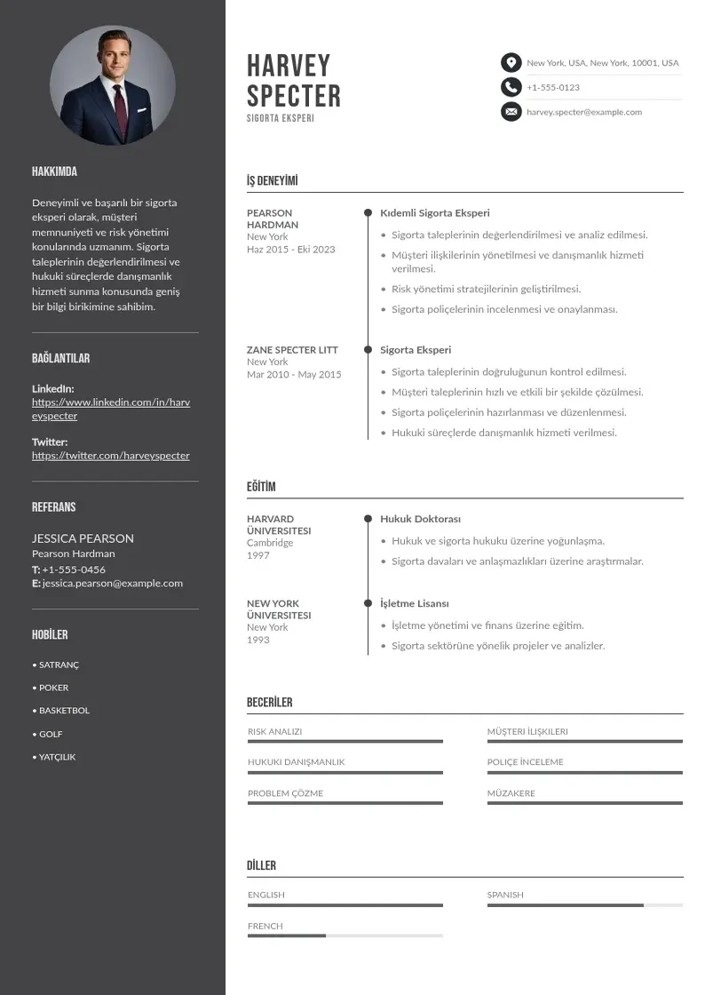 Divu kolonnu Sigorta Eksperi  CV piemērs