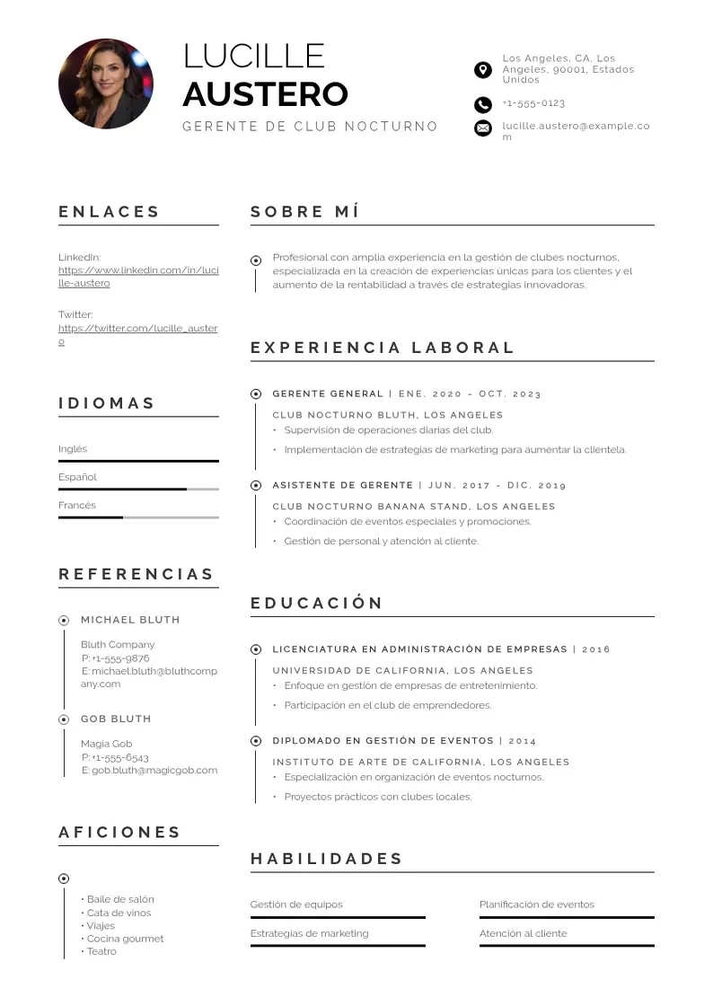 two column gerente-de-club-nocturno resume example