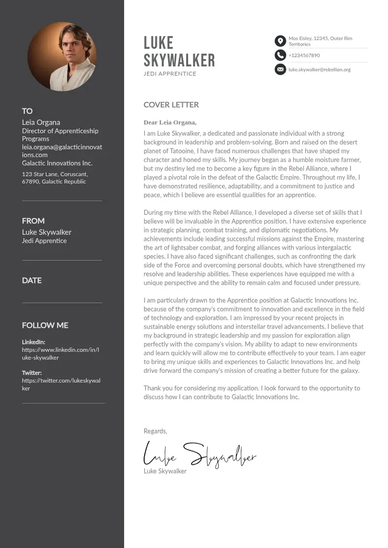 two column Apprentice cover letter cover letter example