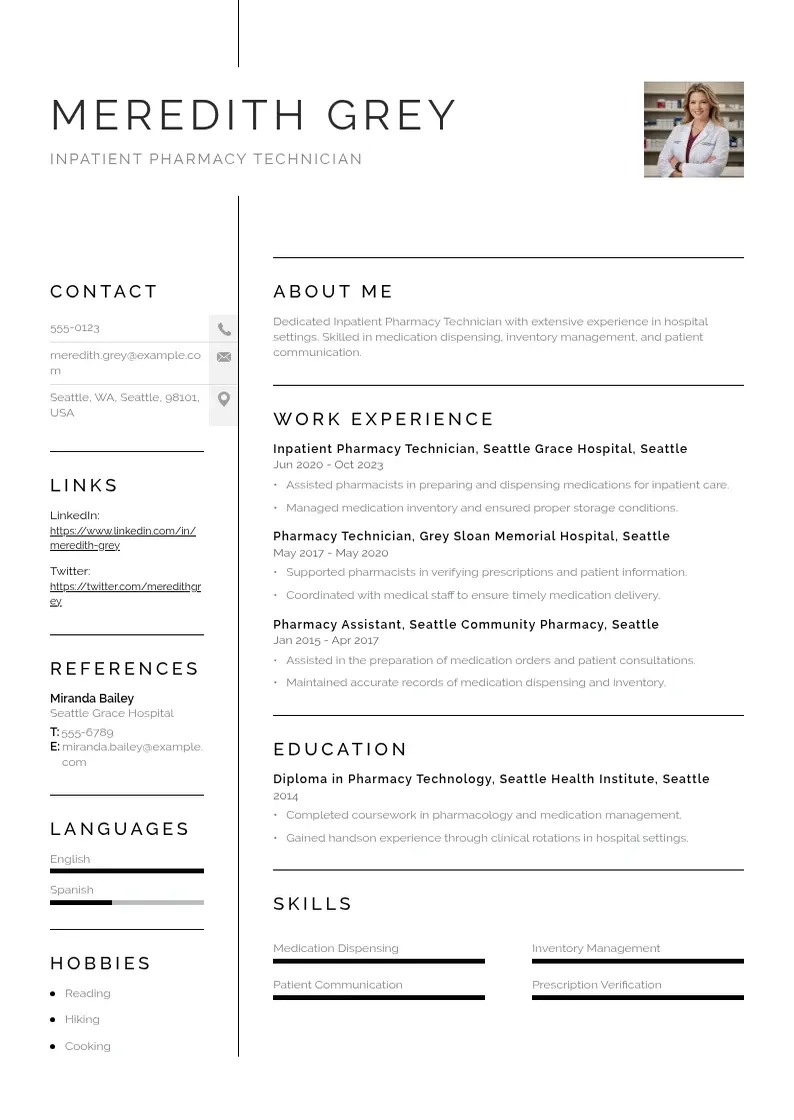 simple Inpatient pharmacy technician resume resume example