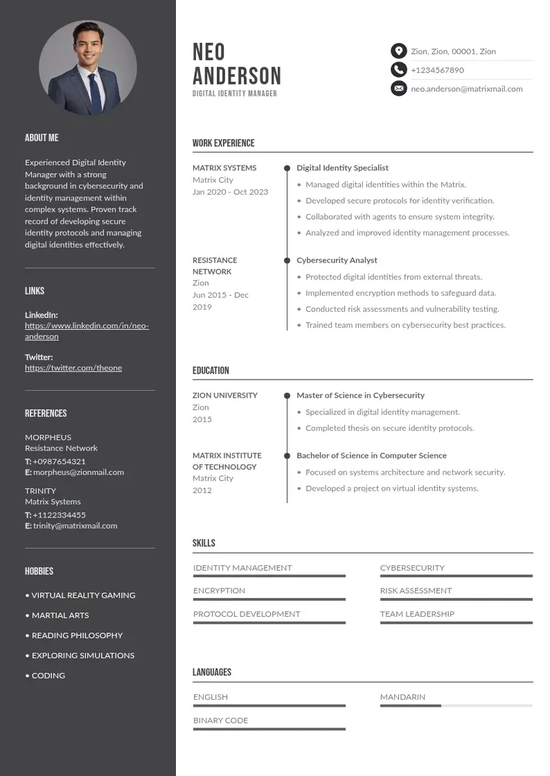 two column digital-identity-manager-resume resume example
