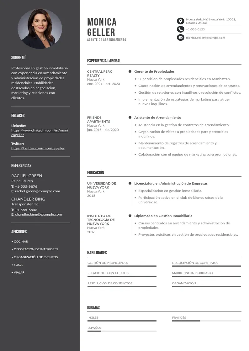 two column cv-agente-de-arrendamiento resume example
