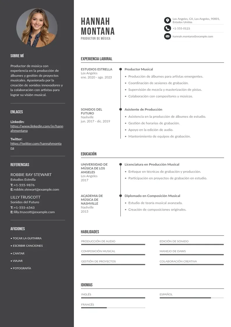 two column productor-de-musica resume example
