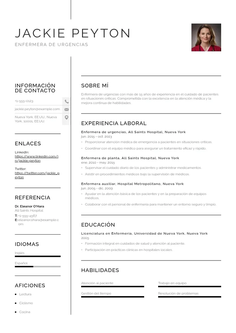 two column cv-enfermera-de-urgencias resume example