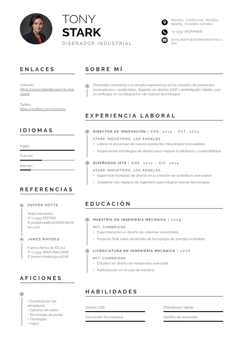 two column disenador-industrial resume example