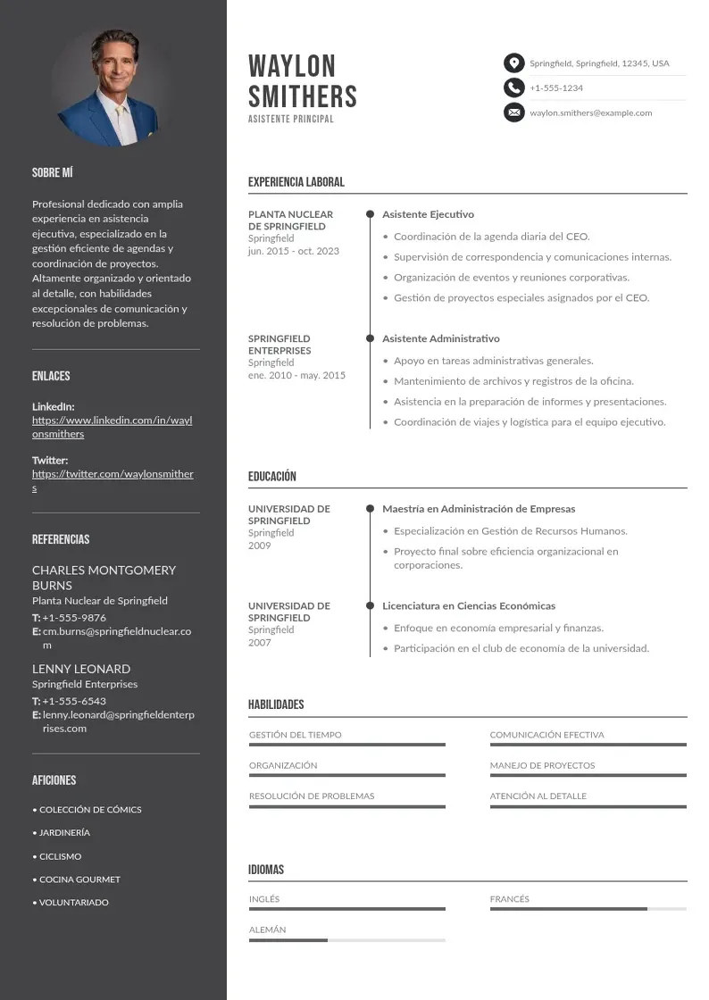 two column asistente-principal resume example