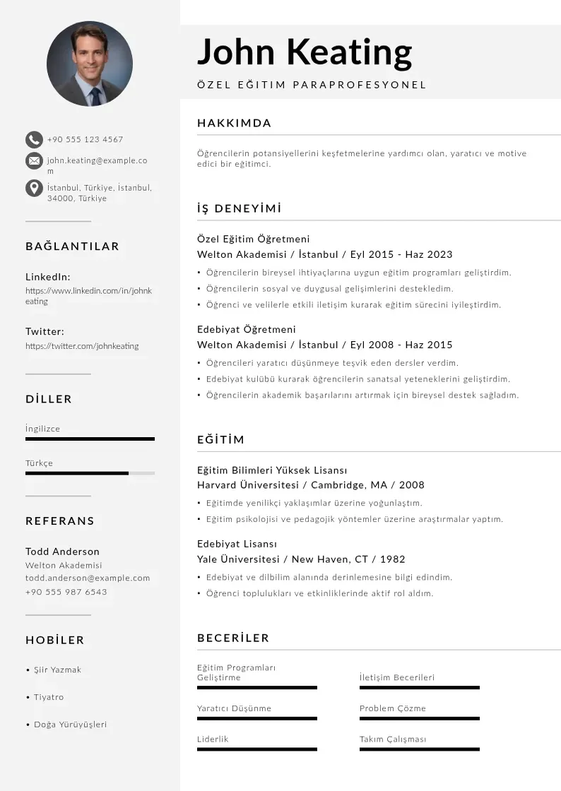 Mūsdienīga Özel Eğitim Paraprofesyonel  CV veidne