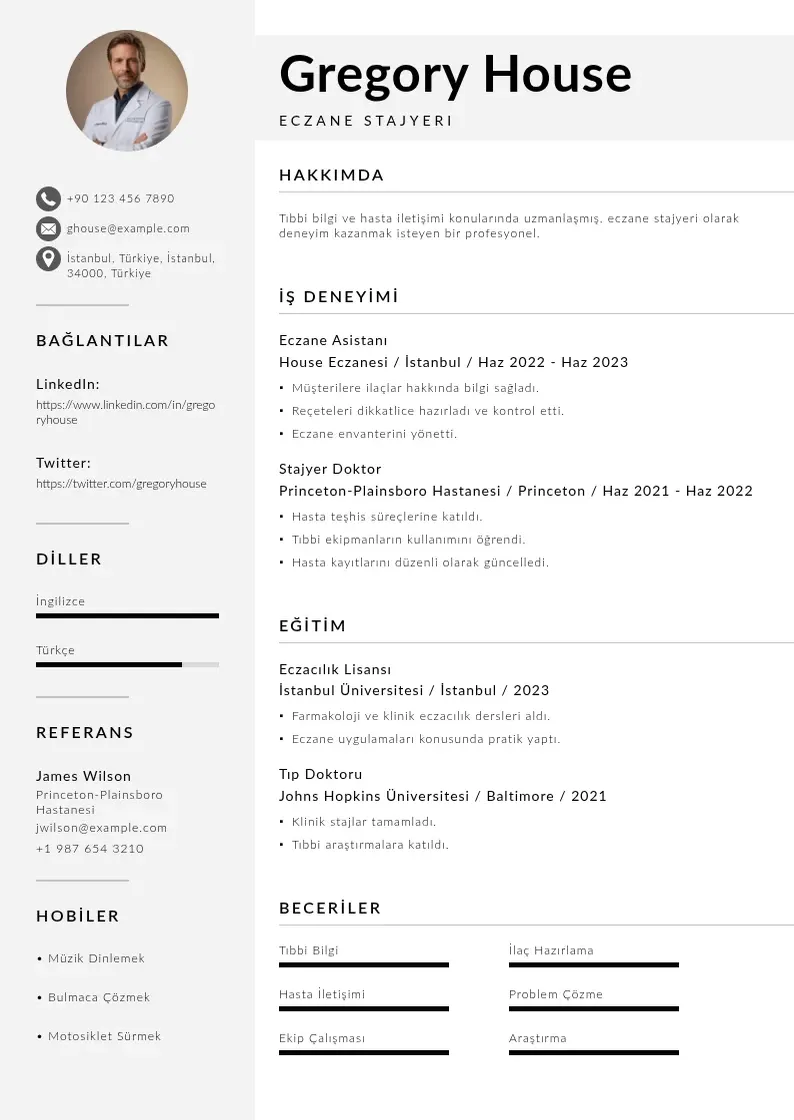 Mūsdienīga Eczane Stajyeri  CV veidne