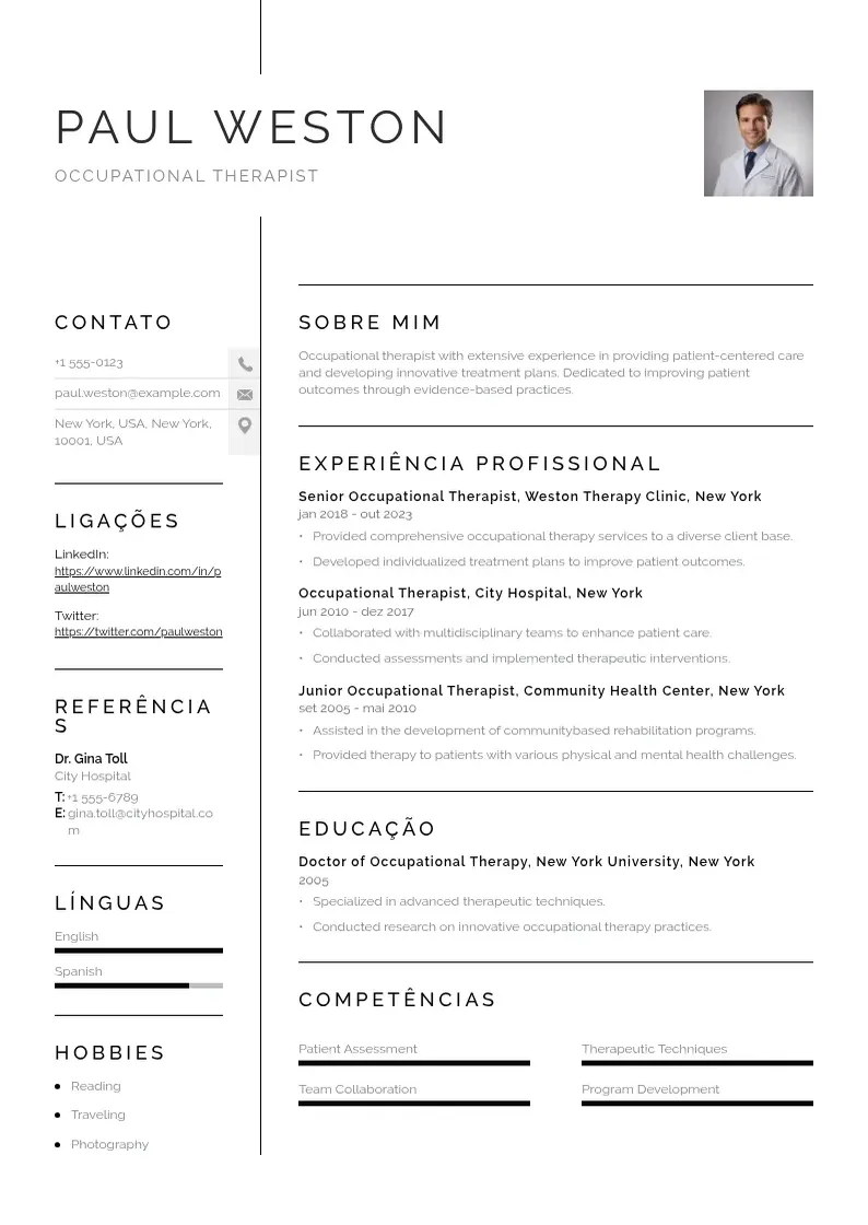Exemplo de currículo simples de De terapeuta ocupacional
