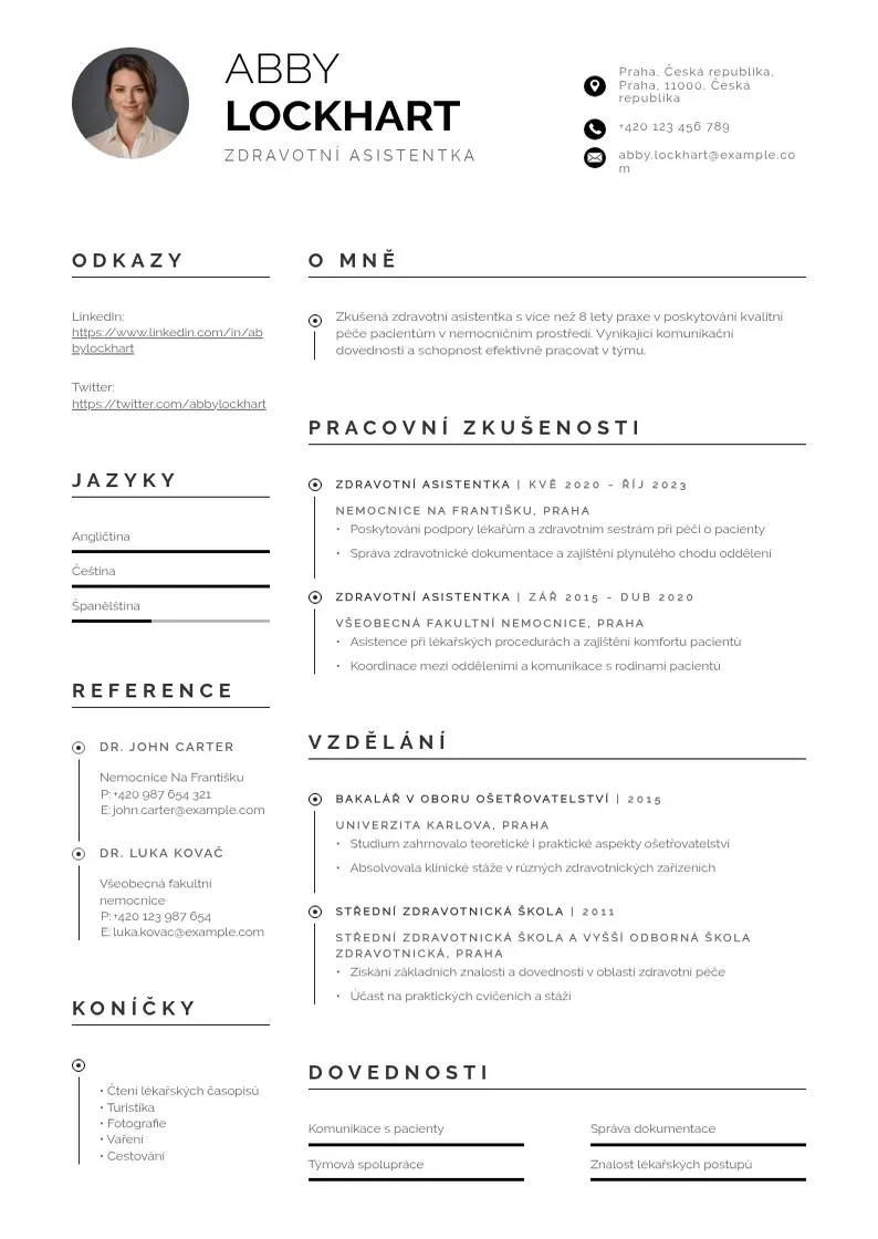 Profesionāla Zdravotni asistentka zivotopis CV veidne