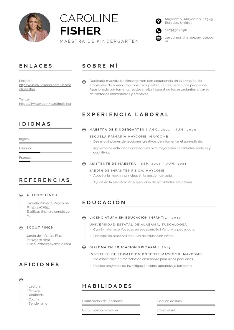 two column maestra-de-kindergarten resume example