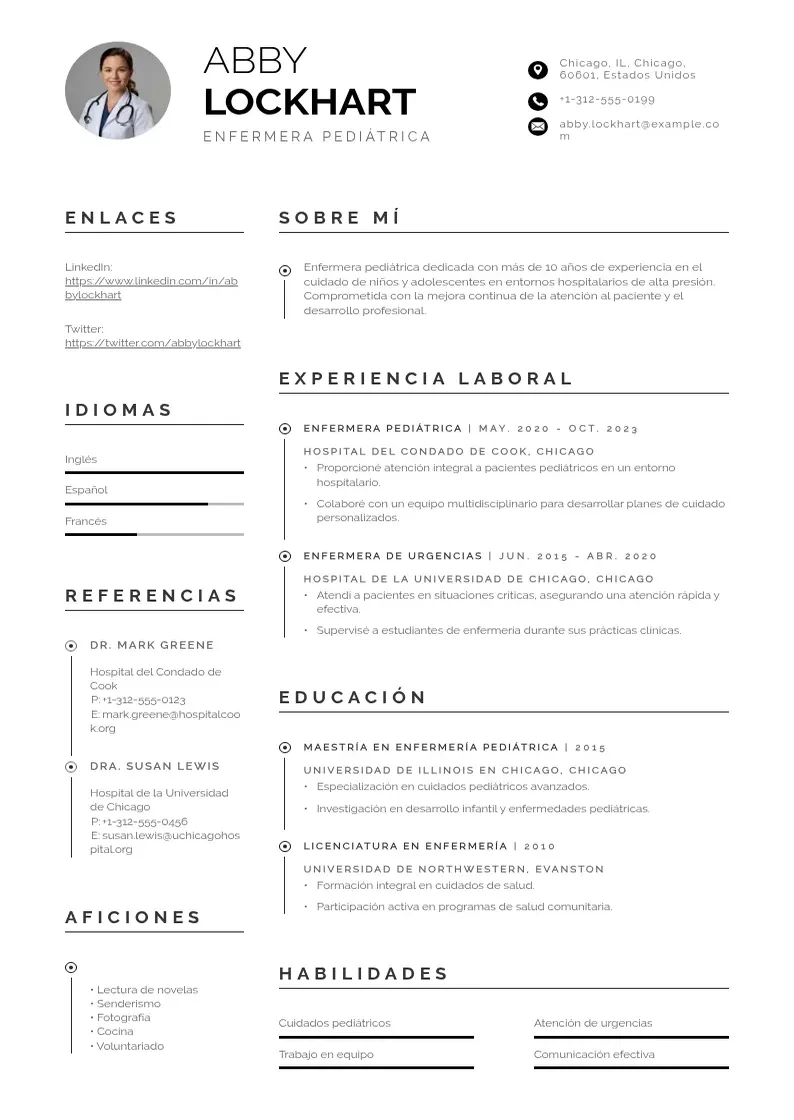 two column cv-enfermera-pediatrica resume example