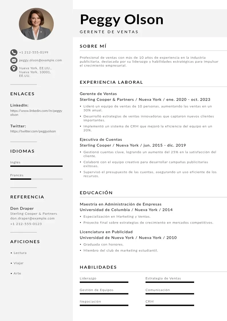 two column cv-gerente-de-ventas resume example