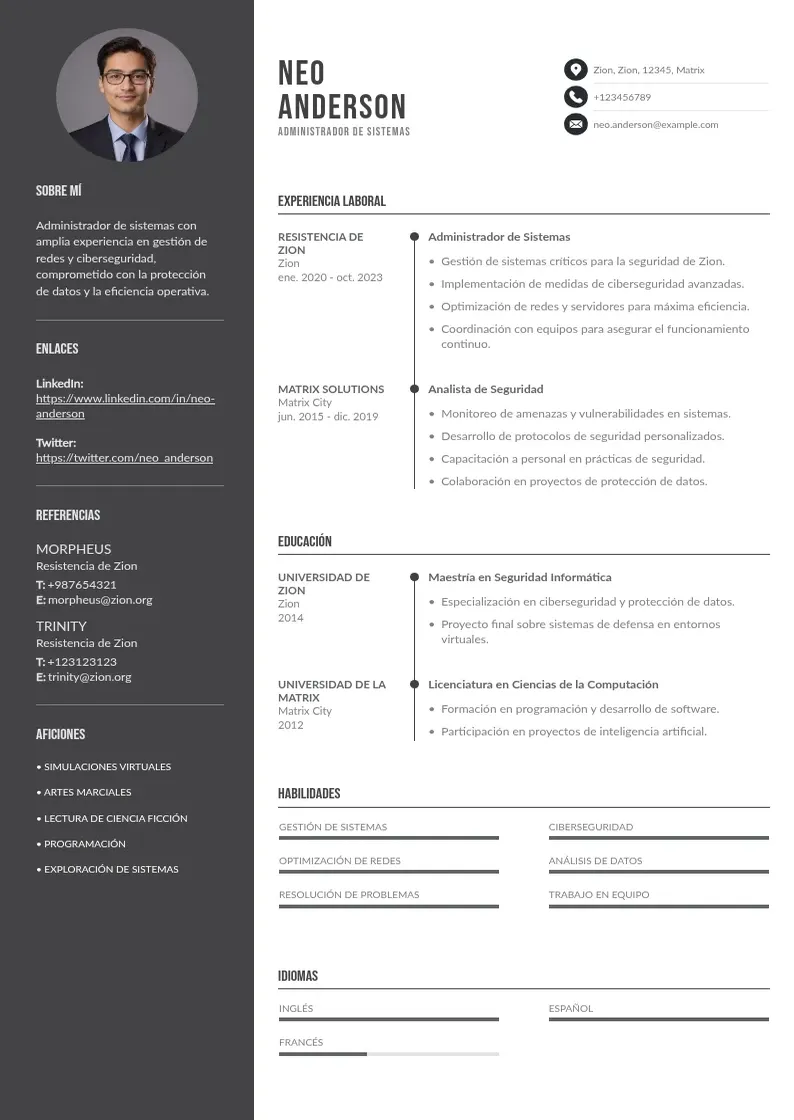 two column cv-administrador-de-sistema resume example