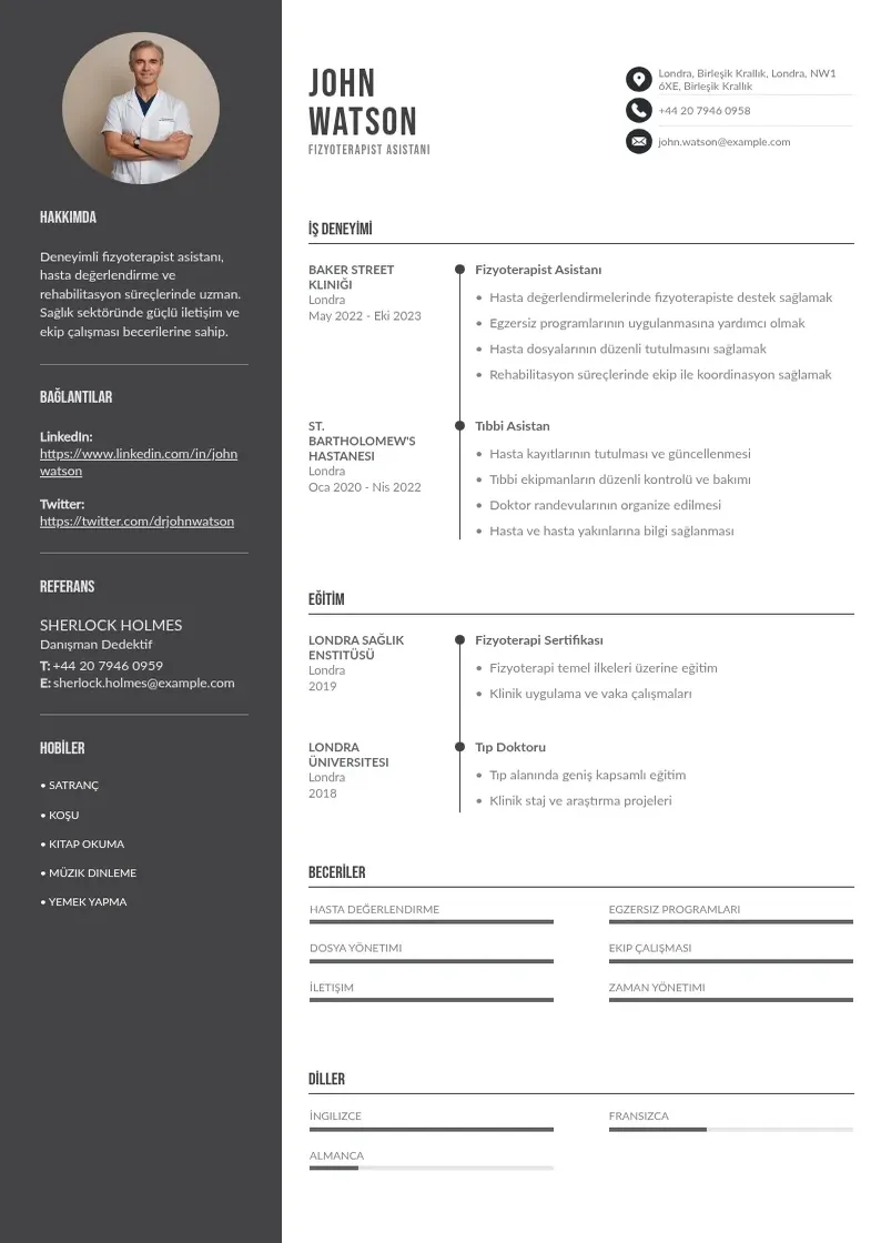 Divu kolonnu Fizyoterapist Asistanı  CV piemērs