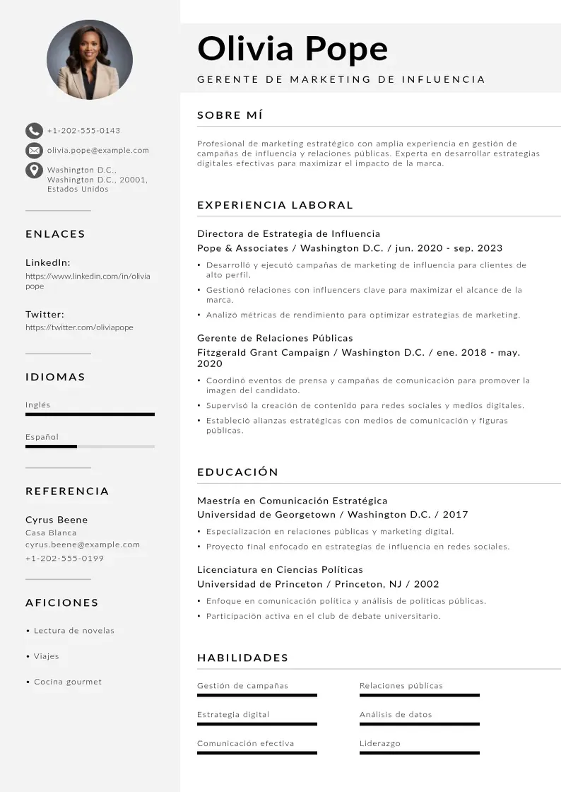 two column gerente-de-marketing-de-influencia resume example