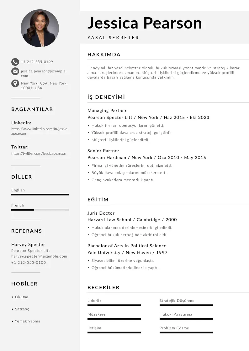 Mūsdienīga Yasal sekreter  CV veidne
