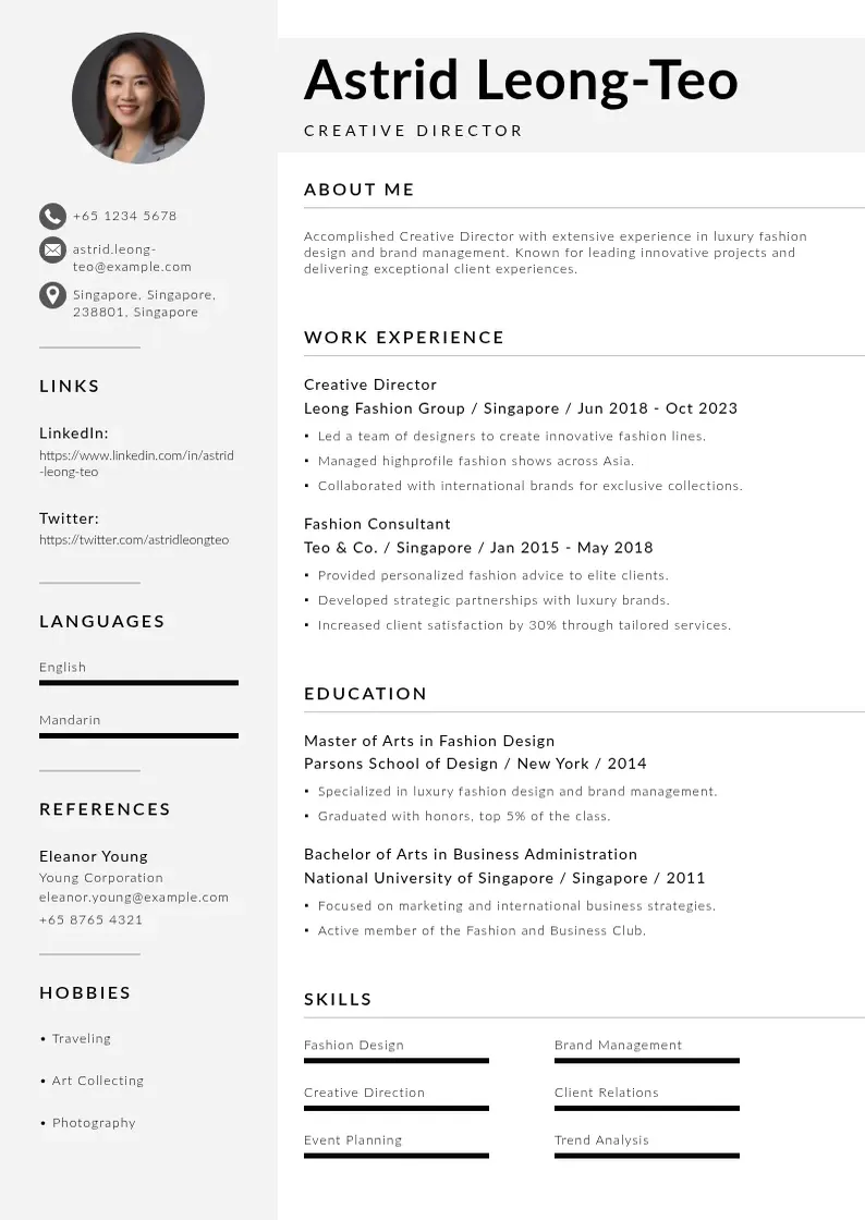 Mūsdienīga Singapur zivotopis CV veidne