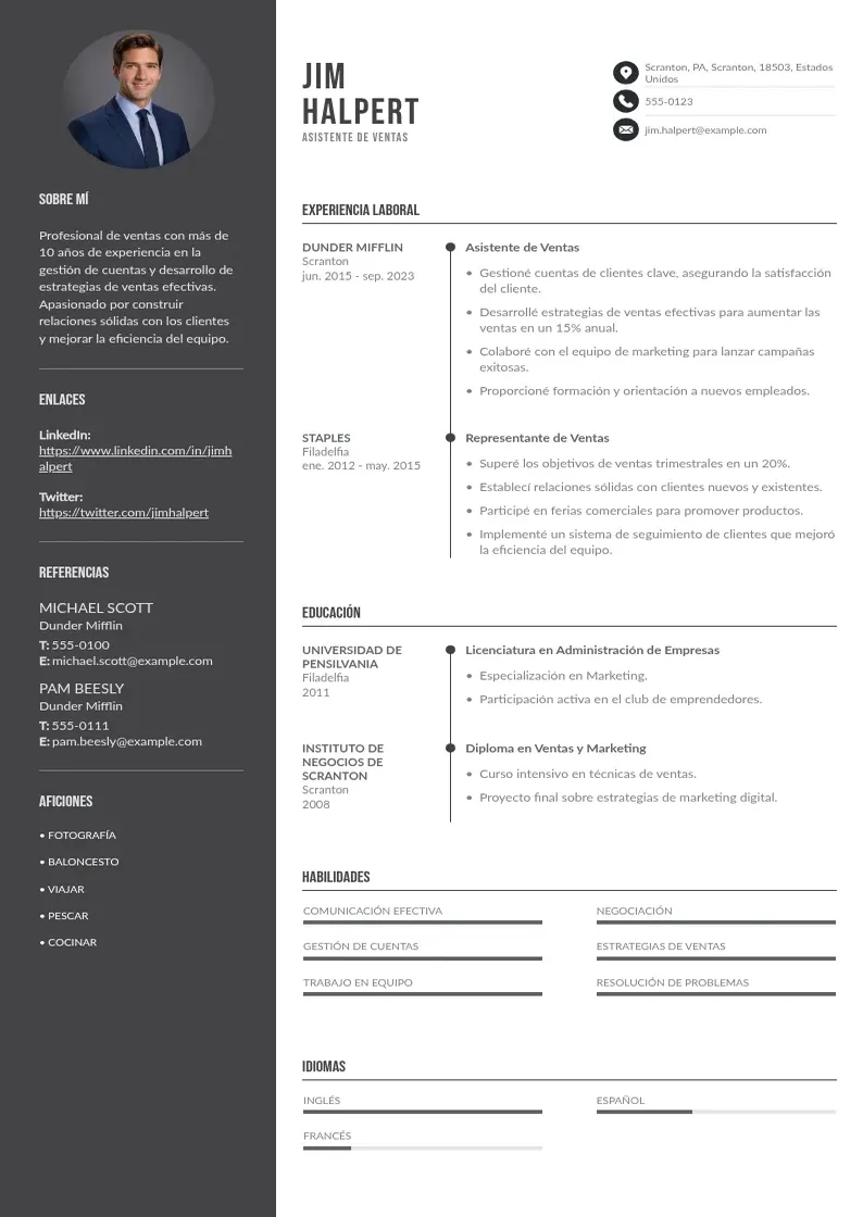two column cv-asistente-de-ventas resume example