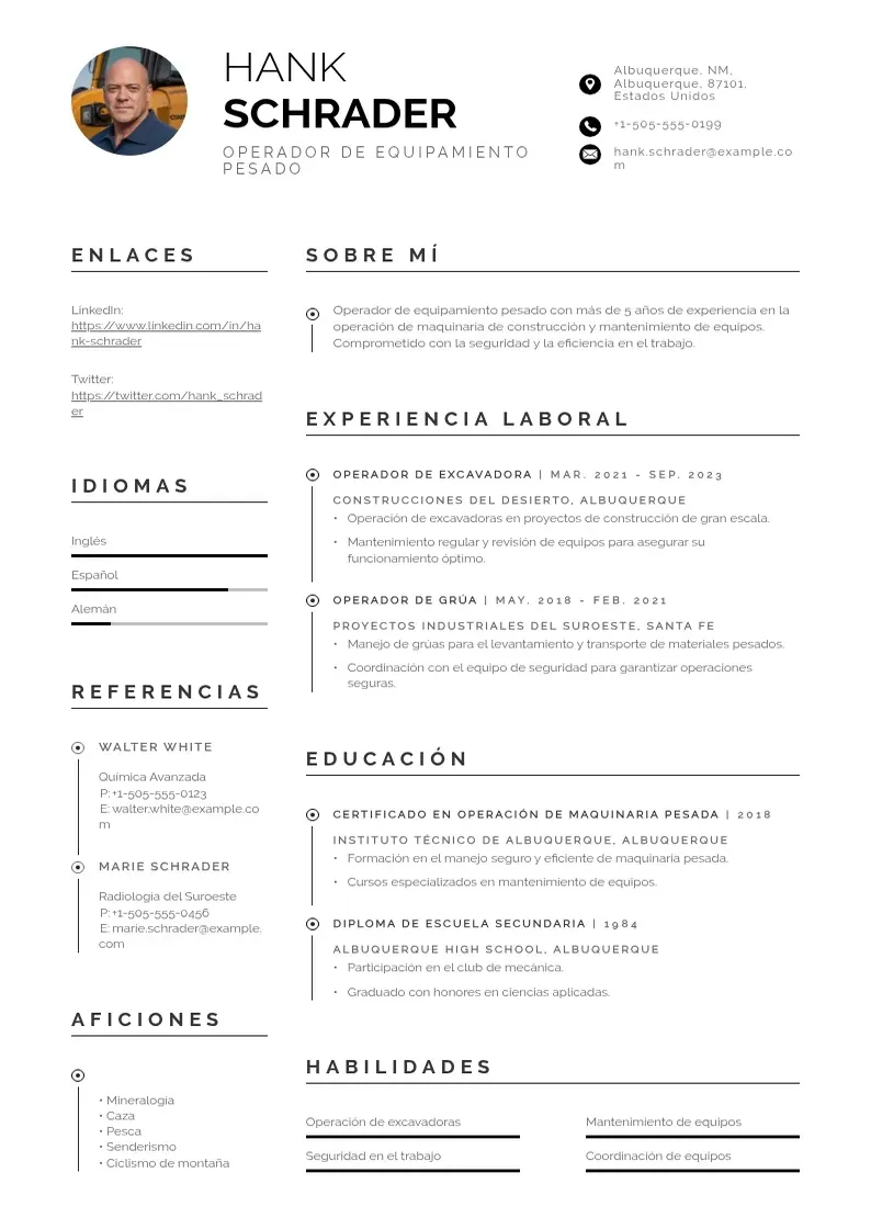 two column cv-operador-de-equipamiento-pesado resume example