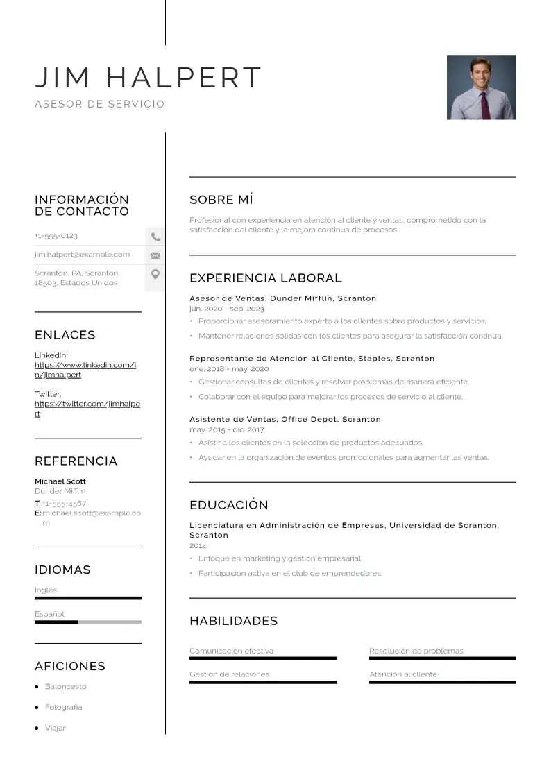 two column cv-asesor-de-servicio resume example