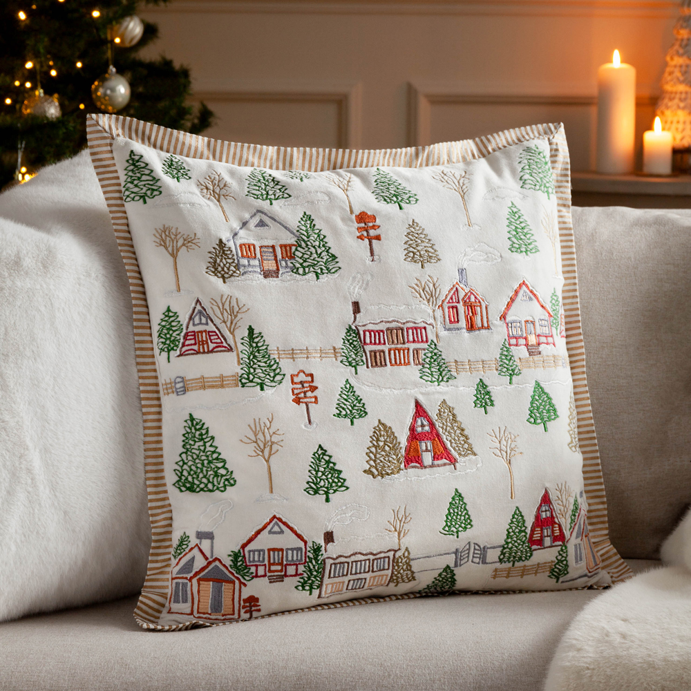 Paoletti Winter Ski Lodges Embroidered Christmas Cushion UK